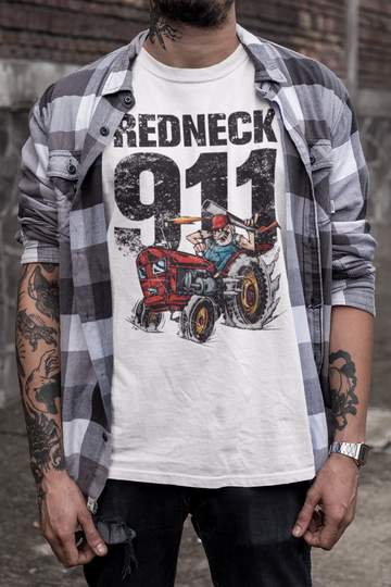 country guy in plaid shirt wearing a redneck 911 and 2nd amendment shirt