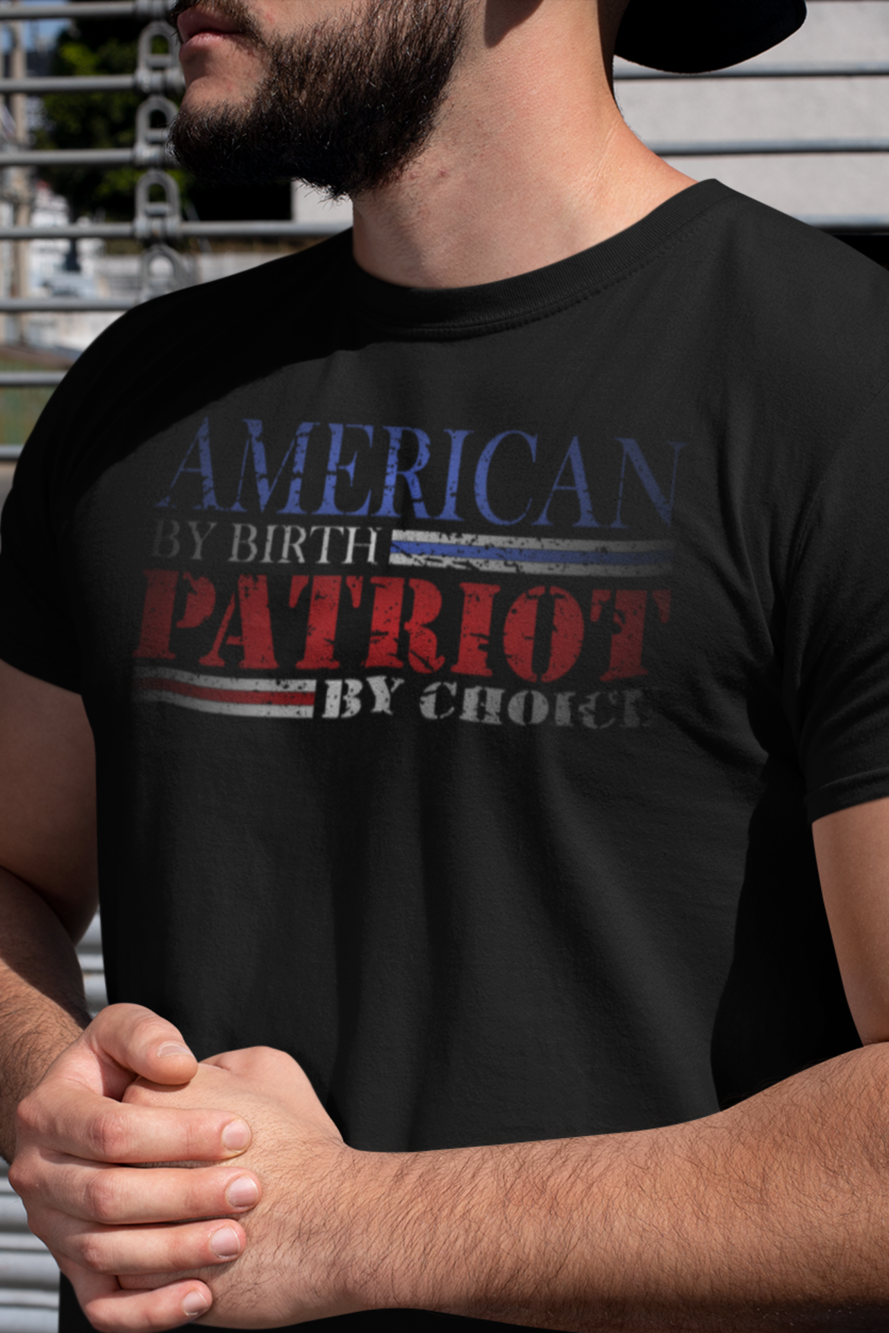 BEARDED, MUSCULAR MAN WEARING 2ND AMENDMENT STYLE AMERICAN BY BIRTH, PATRIOT BY CHOICE