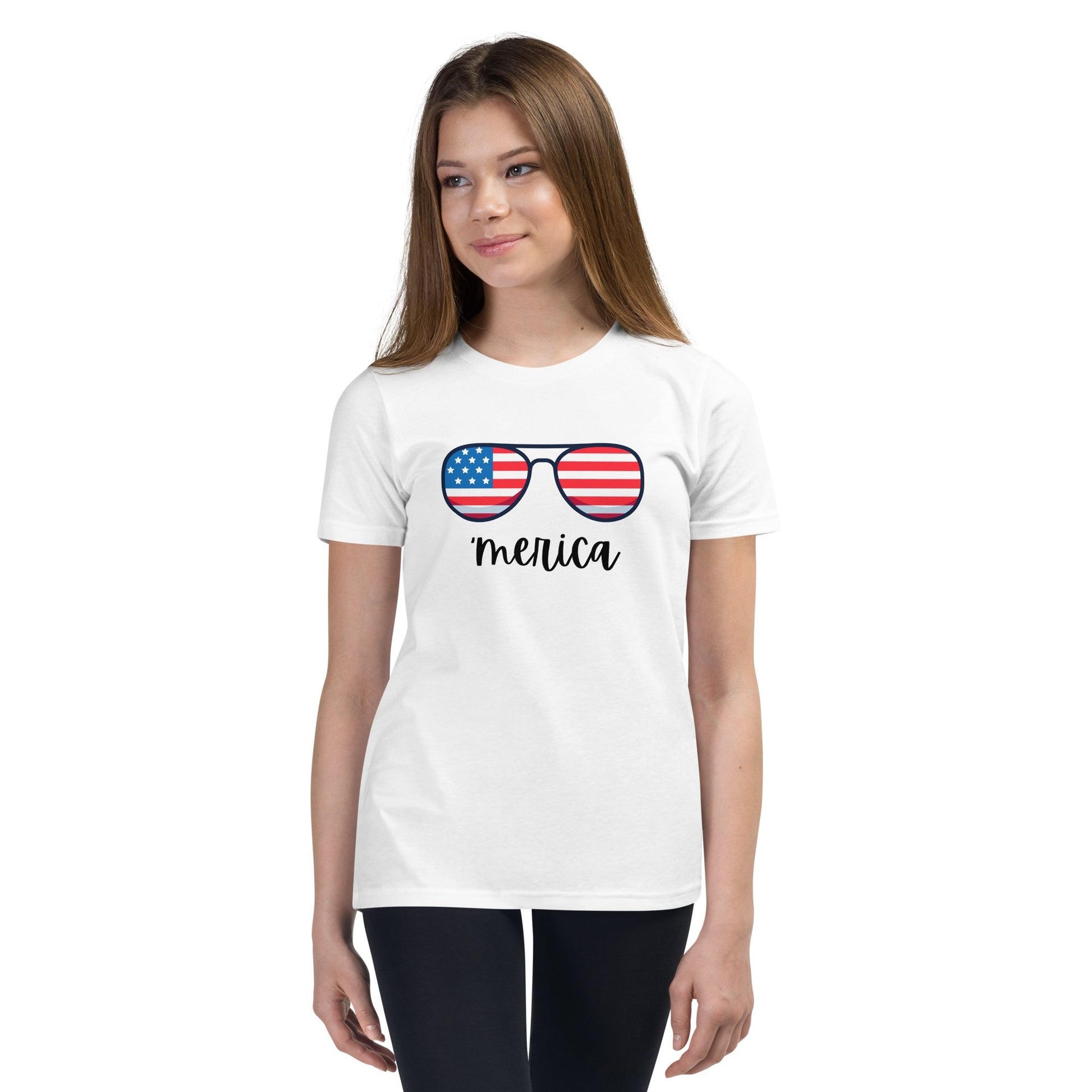 'Merica with American Flag Glasses - Youth Short Sleeve T-Shirt - 2nd Amendment Style