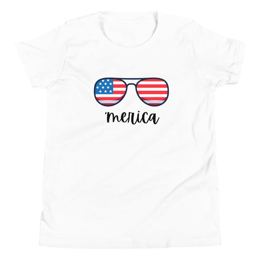 'Merica with American Flag Glasses - Youth Short Sleeve T-Shirt - 2nd Amendment Style